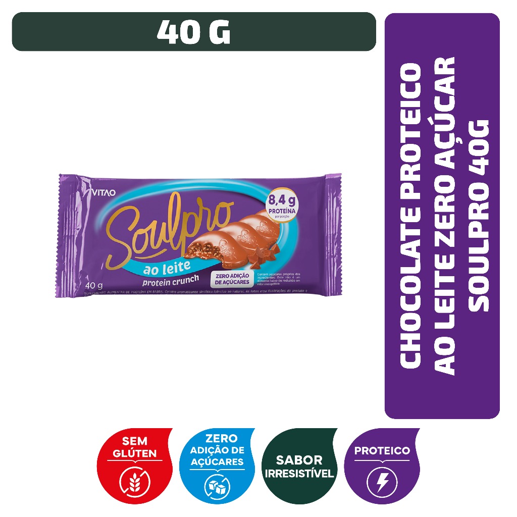 Imagem Chocolate Proteico ao Leite Zero Açúcar Soulpro 40 g