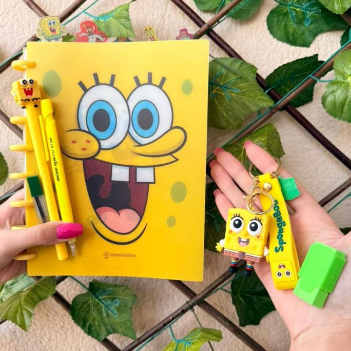 Kit Caderno Inteligente Bob Esponja + Caneta + Chaveiro + Borracha + Lapiseira Presente Kawaii 042