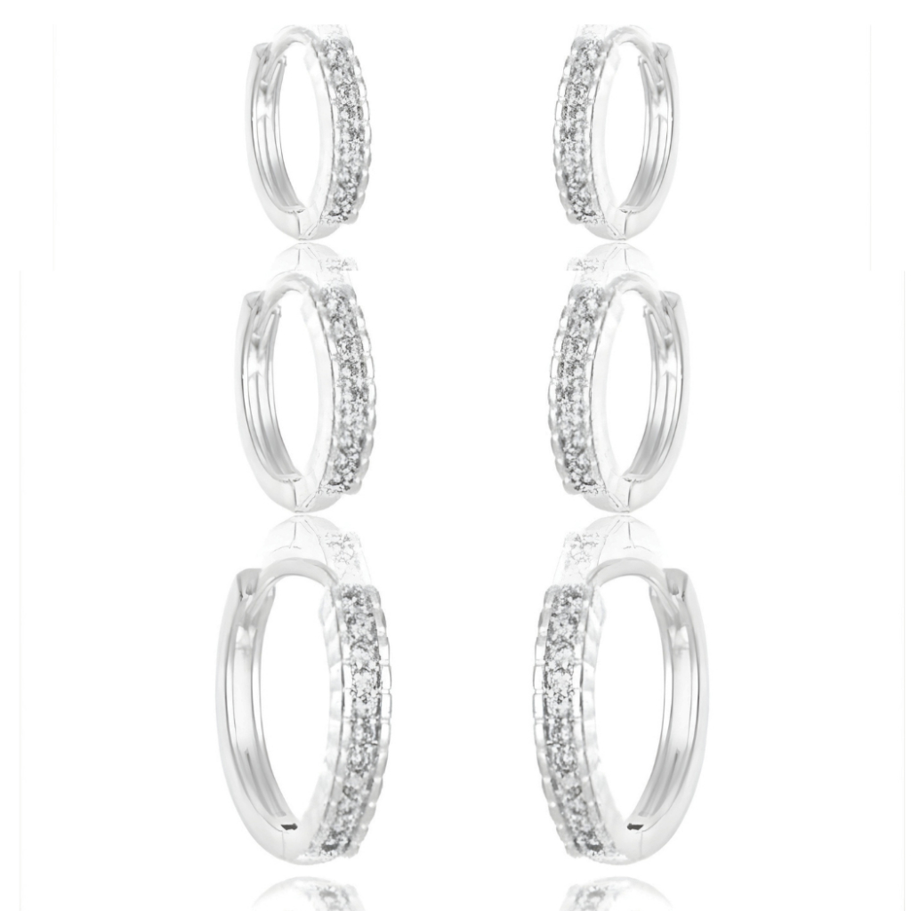 Trio Argola Cravejadas Prata 925 Legítima Brinco Feminino Antialérgico Sofisticação e Elegância B.