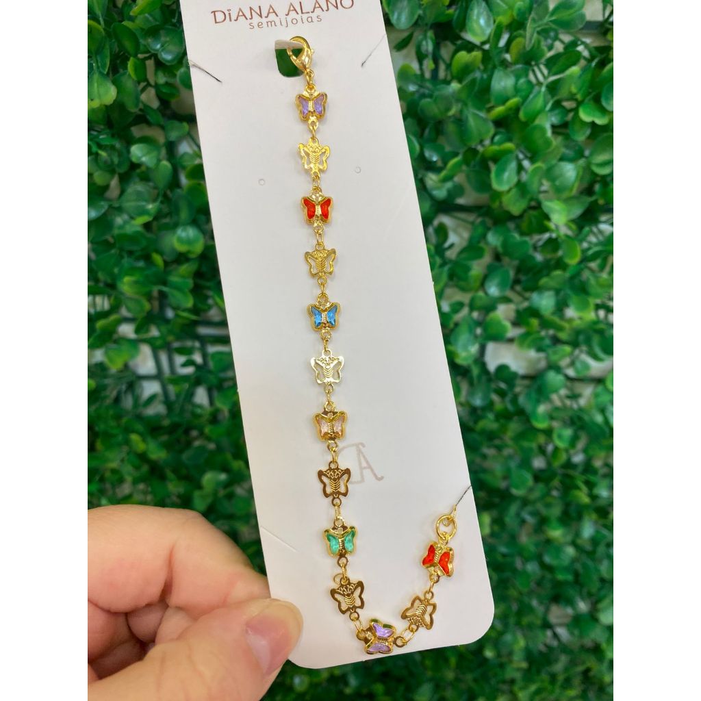 Pulseira Feminina Borboletas Coloridas Ajustável Banhada a Ouro 18k Delicada Charmosa