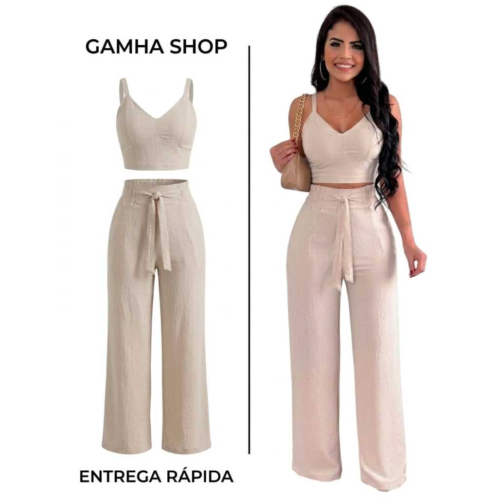 Conjunto feminino duna areia calça pantalona e cropped com bojo Alça regulagem em Oferta na Shopee