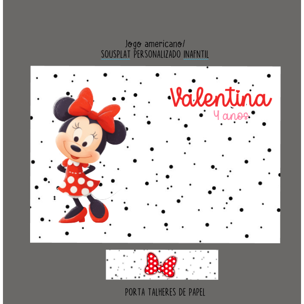 Kit Jogo Americano + Porta talheres de papel personalizados -MINNIE VERMELHA - FAZEMOS TODOS OS TEMAS