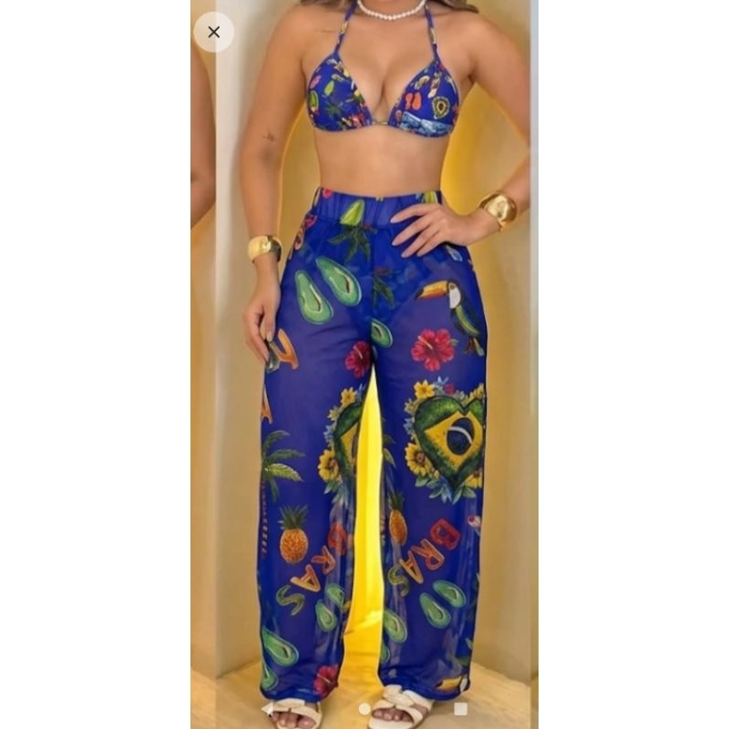 Kit Biquíni 3 Peças Estampa do Brasil Florido Top Cortina Calça Canga e Tanga Copa do Mundo