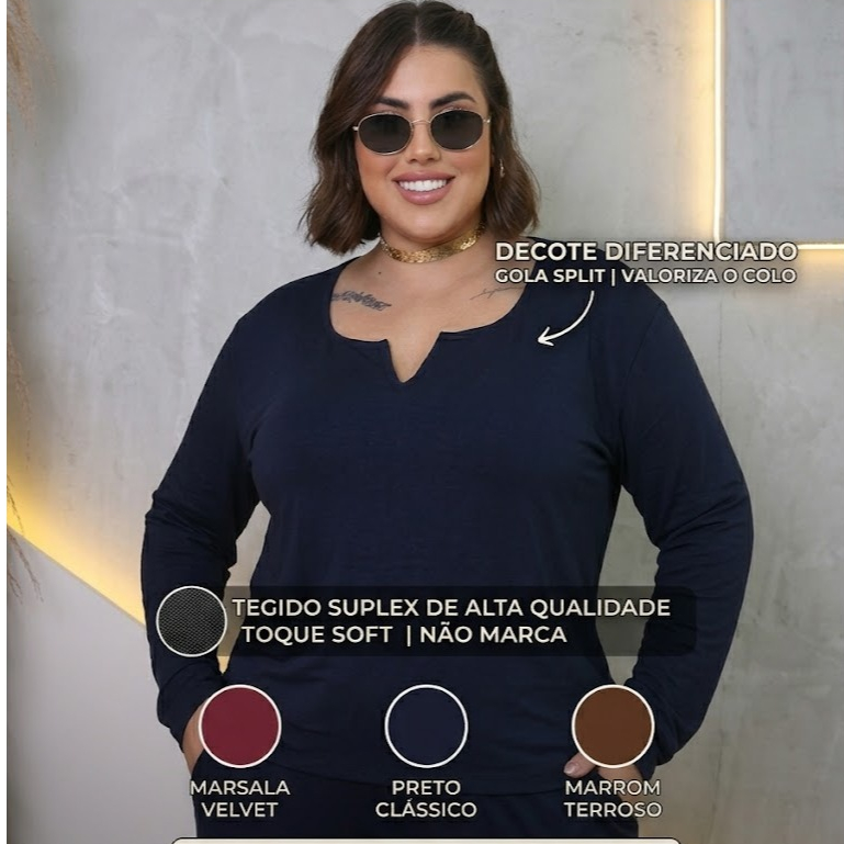 Blusa Feminina Elegante Plus Size Suplex Premium Elasticidade Decote V Manga Longa Frio Inverno luxo em Oferta na Shopee