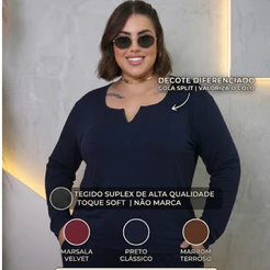 Blusa Feminina Elegante Plus Size Suplex Premium Elasticidade Decote V Manga Longa Frio Inverno luxo