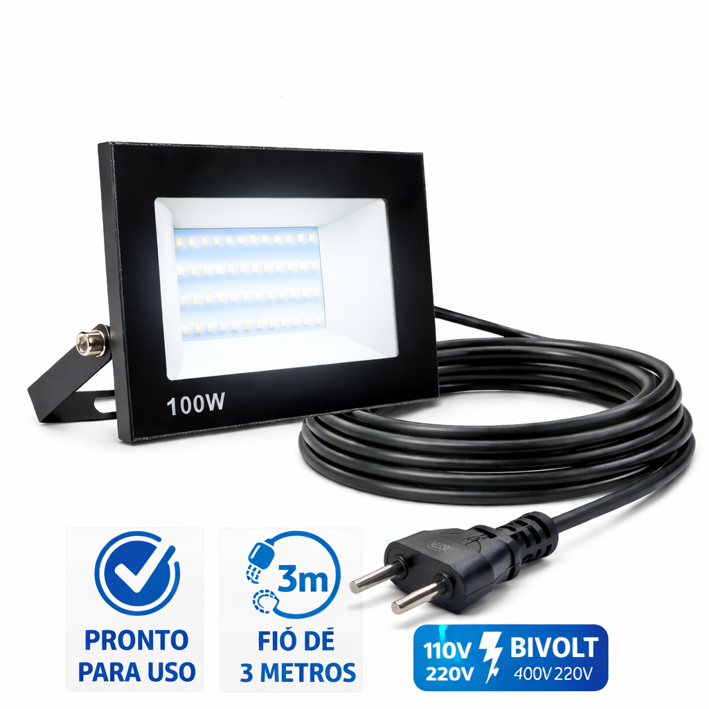 Holofote Refletor 100w com tomada e cabo fio de 3 metros Luz branca fria 6500k Pronto para uso em Oferta na Shopee