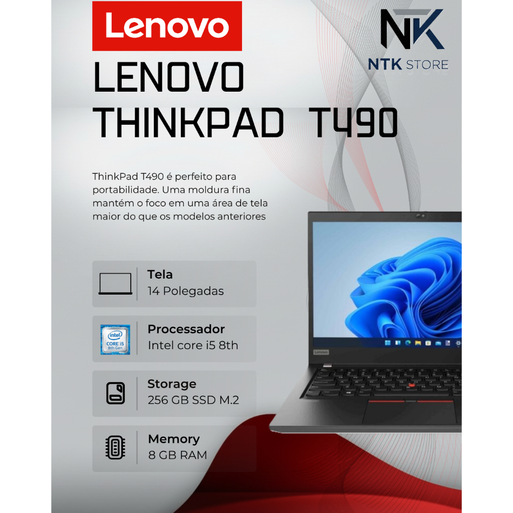 Notebook Lenovo ThinkPad T490 Intel i5 8th /8gb ram / 256gb ssd /Tela 14"FHD