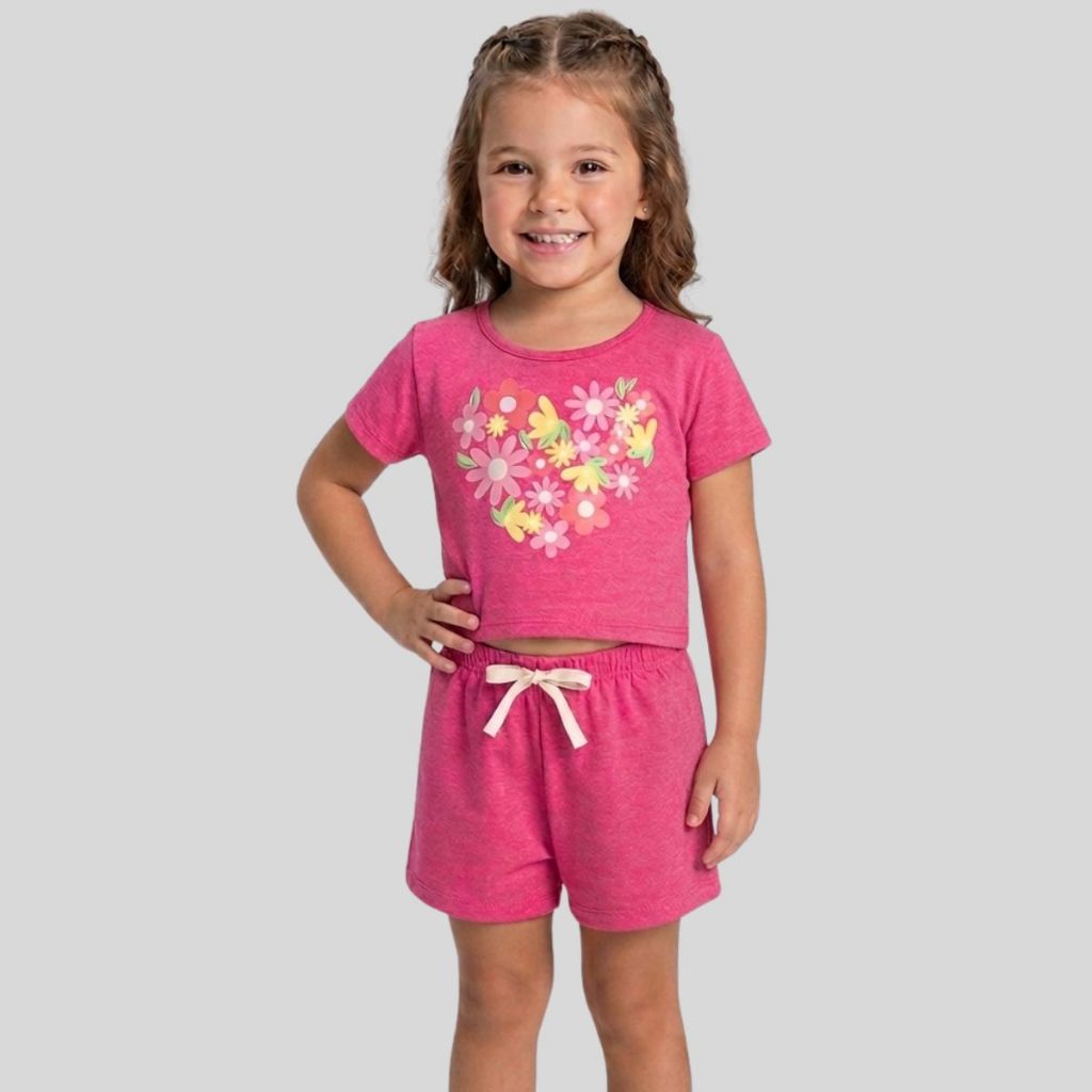 Conjunto Infantil Juvenil Menina Verão Blusa Cropped Flores e Shorts Confortável Com Elástico
