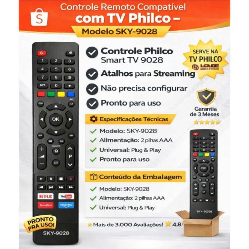 Controle Remoto Compatível Philco Smart TV 4K LED SKY-9028 Pronto Uso