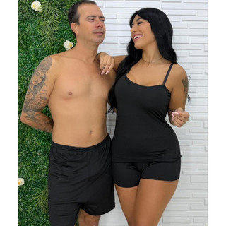 Kit Casal Pijama Liso  ShortDoll Regata Short + Samba Canção Moda Masculina e Feminina Para Dormir