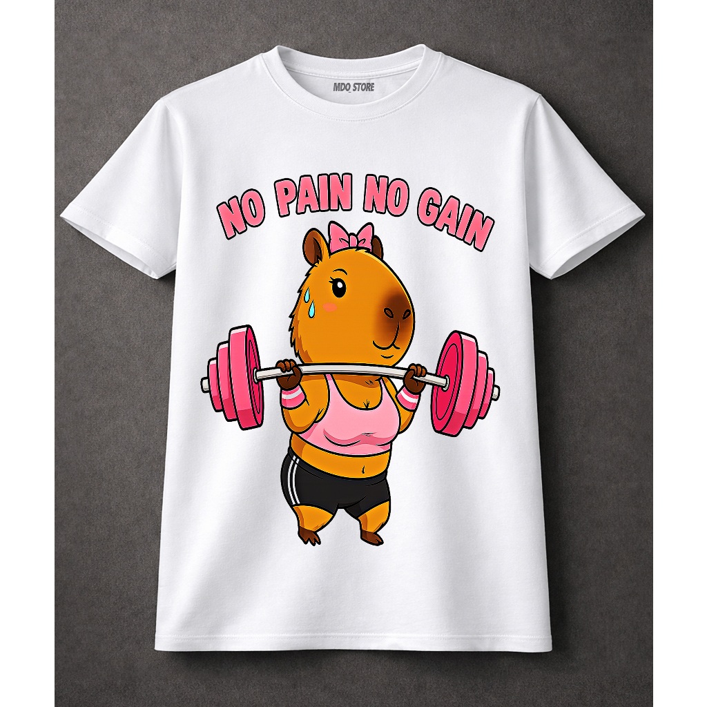 Camiseta Feminina No Pain No Gain Capivara Academia Blusa, Camiseta de Treino Engraçada T-Shirt Gym.