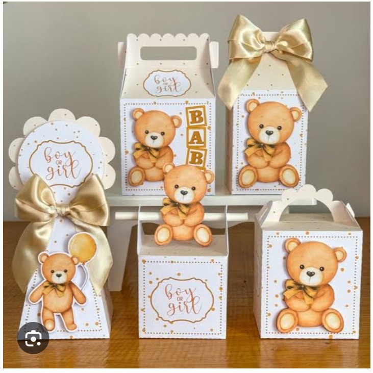 Kit 20 Lembrancinhas Chá Revelação Ursinho Luxo - Personalizado Boy or Girl - Caixas Milk Pirâmide e Cone Montadas
