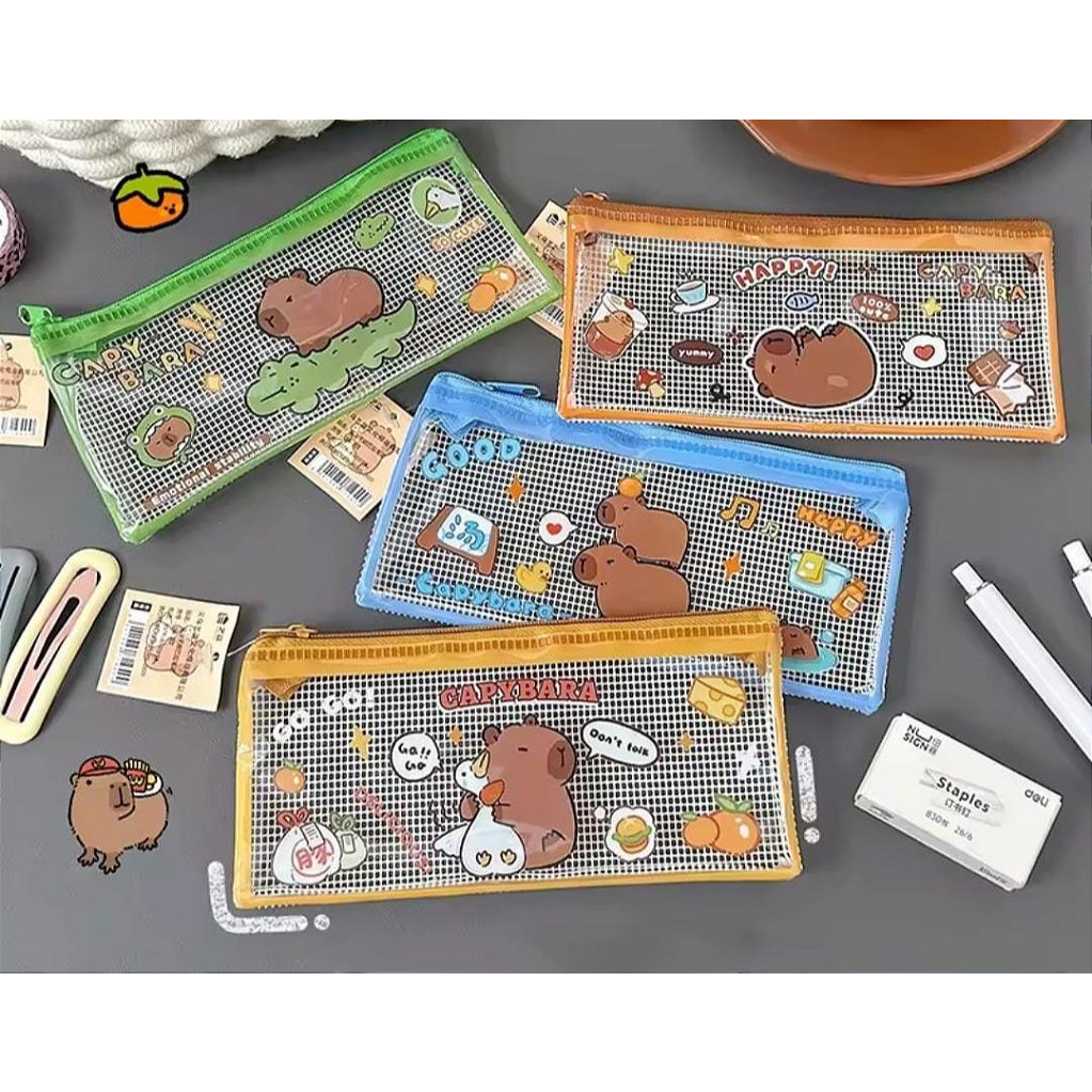 Estojo Capivara Transparente c/ Zíper Pasta Plástico Papelaria Fofa Criativa Divertida Volta Aulas Escolar