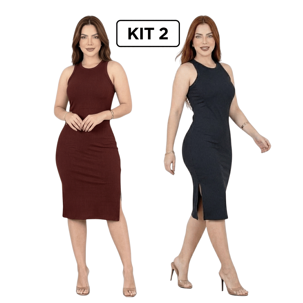 Kit 2 Vestido Midi Feminino em Canelado Regata com Fenda Lateral Ajustado Confortável Elegante Casual  do P ao EXG