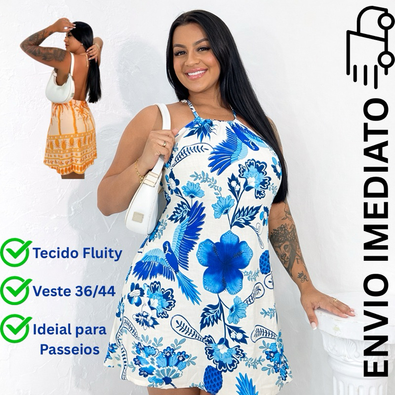 Vestido Curto Estampado Frente Única Feminino Fluity Viscose com Lycra Soltinho Elegante Verão