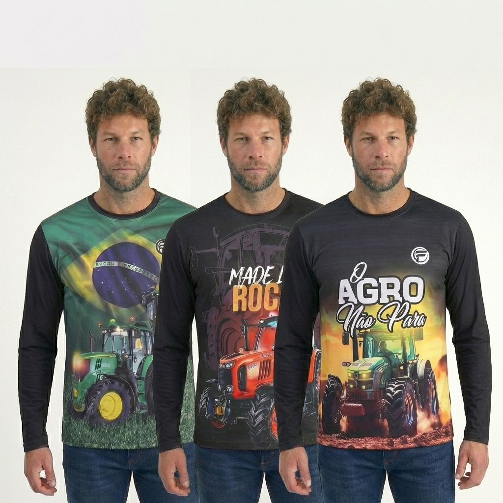 KIT 3 Camisa Camiseta do Agro Masculina UV Agropecuária Fazenda Bruto Trator Brasil Blusa