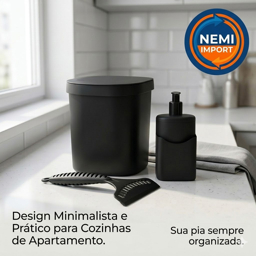 Conjunto Organizador de Pia de Cozinha Premium Lixeira com Dispenser e Rodinho Preto