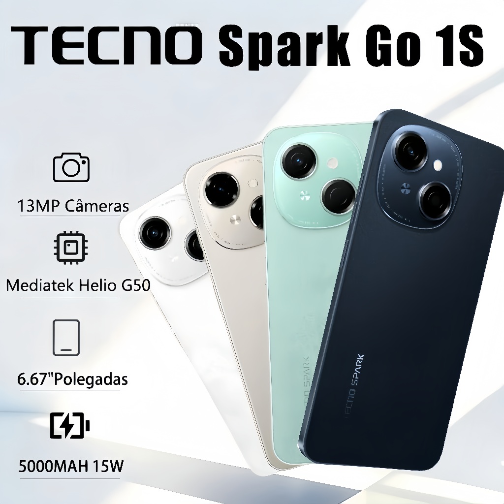 Smartphone Tecno Spark Go 1S 4G 64GB 3GB RAM 5000mAh 120Hz Android 14 Versão Global Novo
