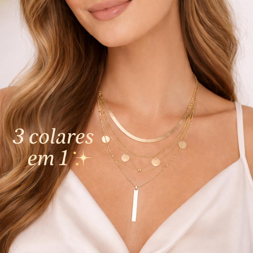 Kit 3 Colares Ouro 18K Feminino em Camadas | Colares Delicados Elegante Presente