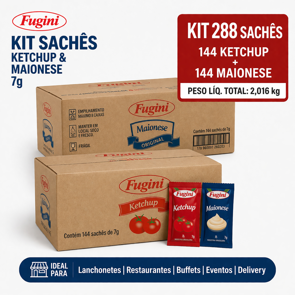 Kit 288 Sachês Fugini 7g (144 Ketchup + 144 Maionese) Atacado Lanchonete