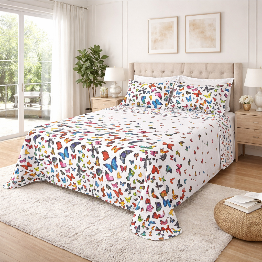 Kit Colcha Cobre leito colcha piquet Casal Estampada 3 peças 60% algodão Borboleta