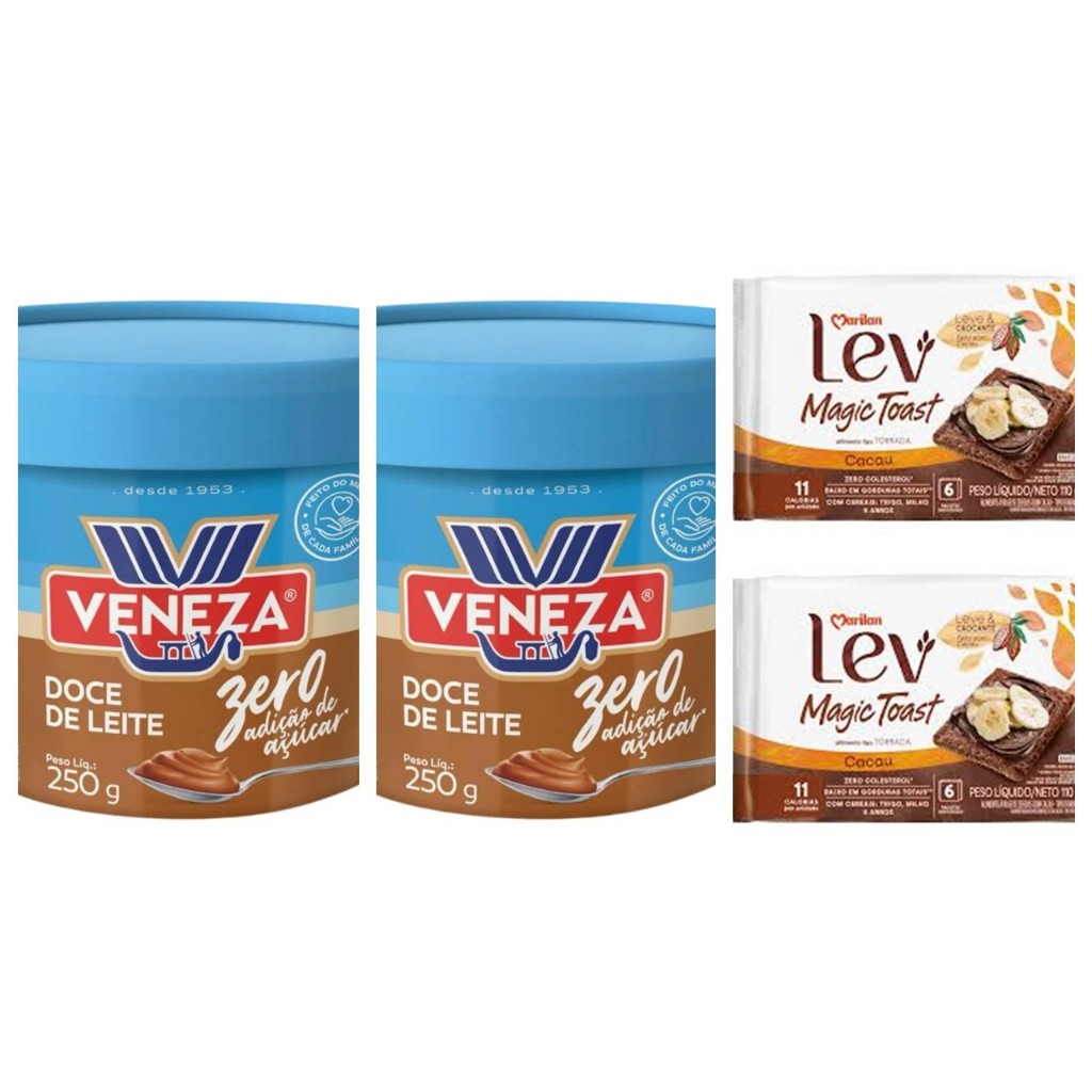 Kit 2 Doce De Leite Veneza Zero Adição De Açúcar 250gr + 2 Torrada Lev Magic Toast Cacau 110gr