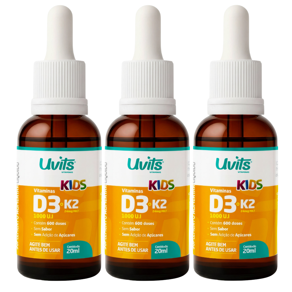 3x Vitaminas D3 e K2 Em Gotas 20ml Infantil - Uvits