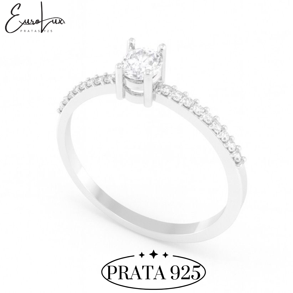 Anel Solitário Cravejado Prata 925 Feminino Luxo Zirconia Brilho Intenso Presente Namorada Noivado