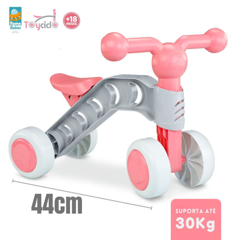 Triciclo Bicicleta Equilíbrio Toyciclo Rosa Andador Infantil Sem Pedal Roma Babies Menina Presente 44cm Suporta 30kg