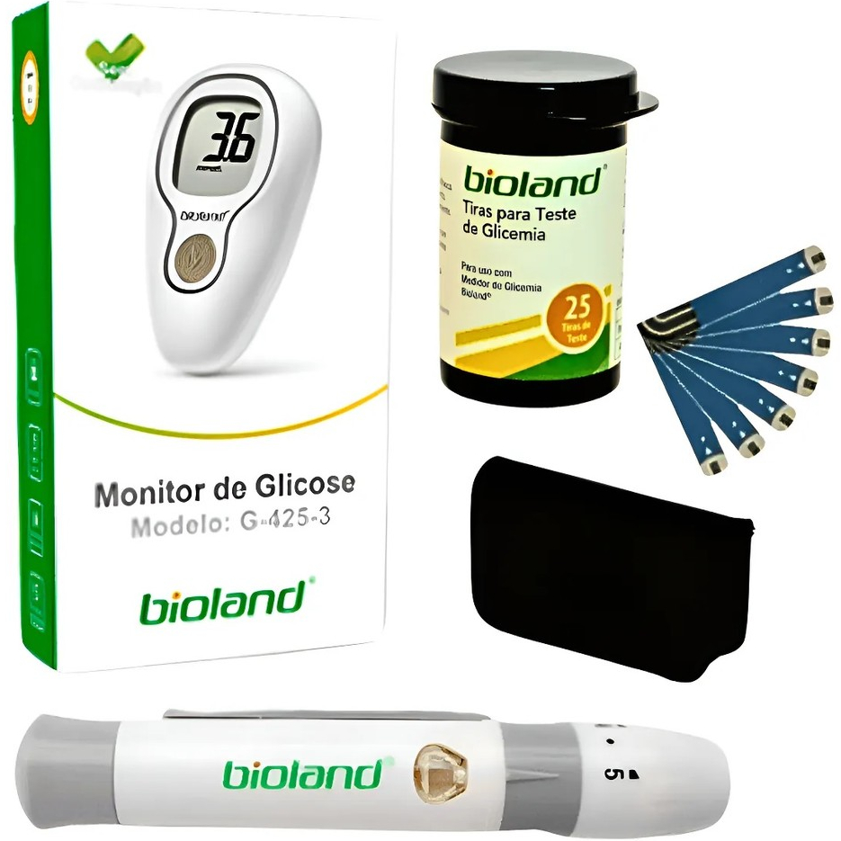 Kit Medidor de Glicose Glicosímetro Digital Portátil Completo Diabetes G-425-3 Bioland