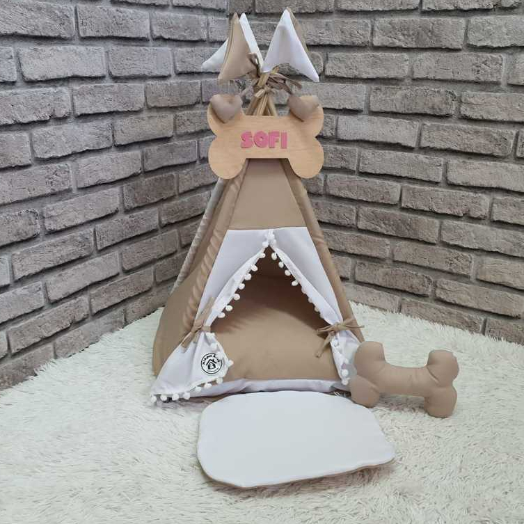 Cabana Tenda Bege Para Pets Gatos e Cachorros Tamanho PP Lavável Plaquinha Personalizada