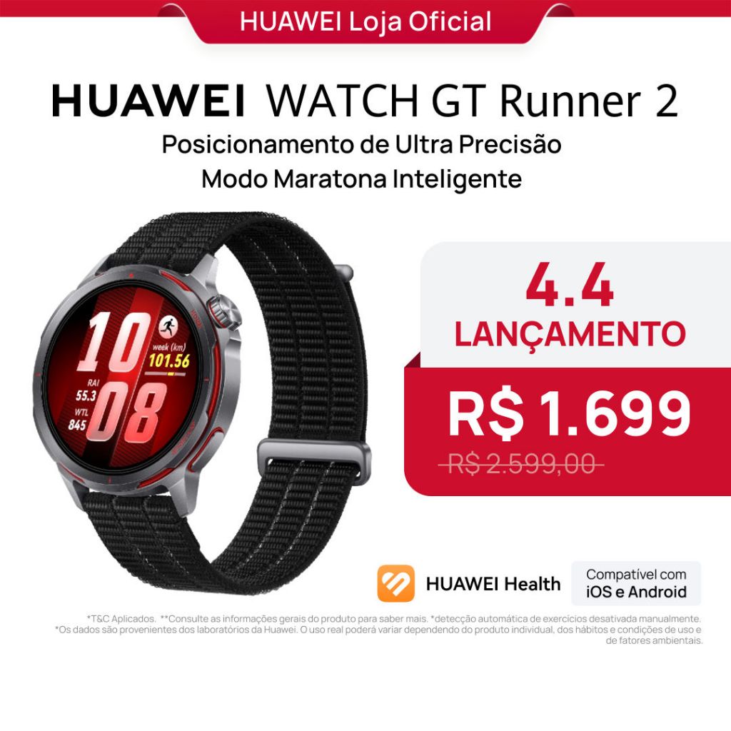HUAWEI WATCH GT Runner 2 | Smartwatch Relogio | Modo Maratona Inteligente | Análise de ECG...