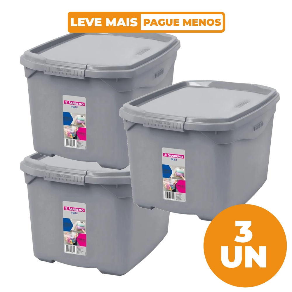 Kit 3 Caixa Organizadora Plásticas Cinza Concreto 29L Flex Sanremo
