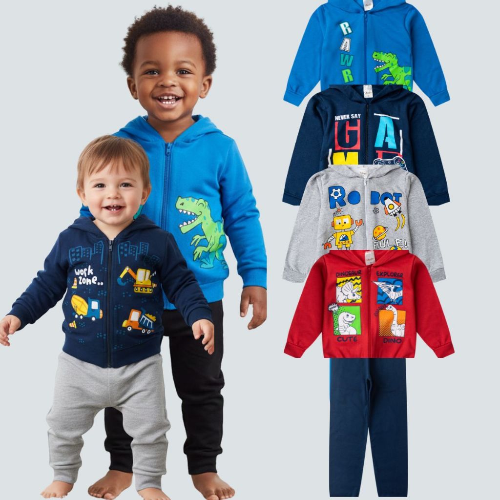 Conjunto Kit 08 Peças Infantil Roupa Moletom Capuz Menino Inverno Algodão Quentinho Bebe 1 ao 8
