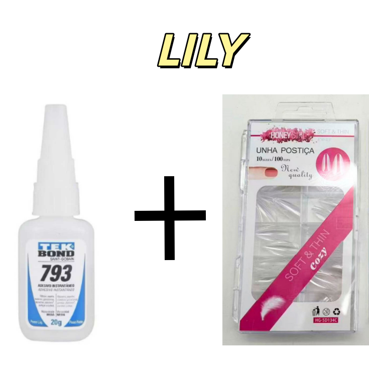 KIT COM Cola Instantânea Tek Bond 793 20g+Unhas Tips Profissional Honey Girl 10 Tamanho Com 100 Unidades Curvatura C