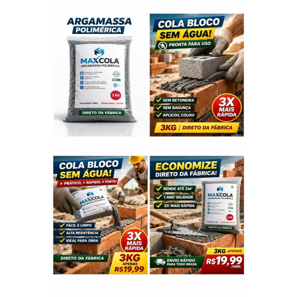 Argamassa Massa Polimérica Maxcola - Cola Tijolo e Bloco - Bisnaga 3kg - Alto Rendimento
