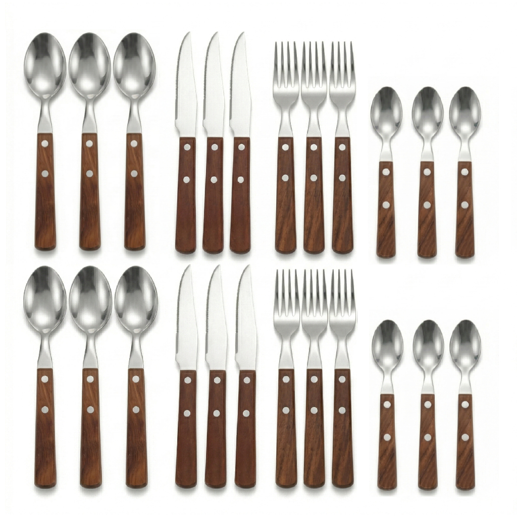 Kit Talheres Rústico Inox Com Cabo De Madeira 24 Pçs Luwave