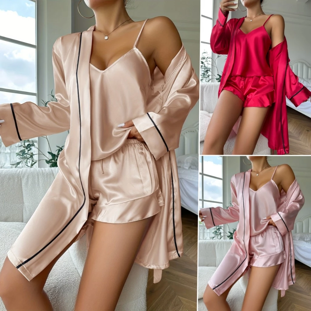 Conjunto De 3 Peças Roupa Pijama Feminino Top Elegante De Alça Sexy E Shorts E Roupão Dormir