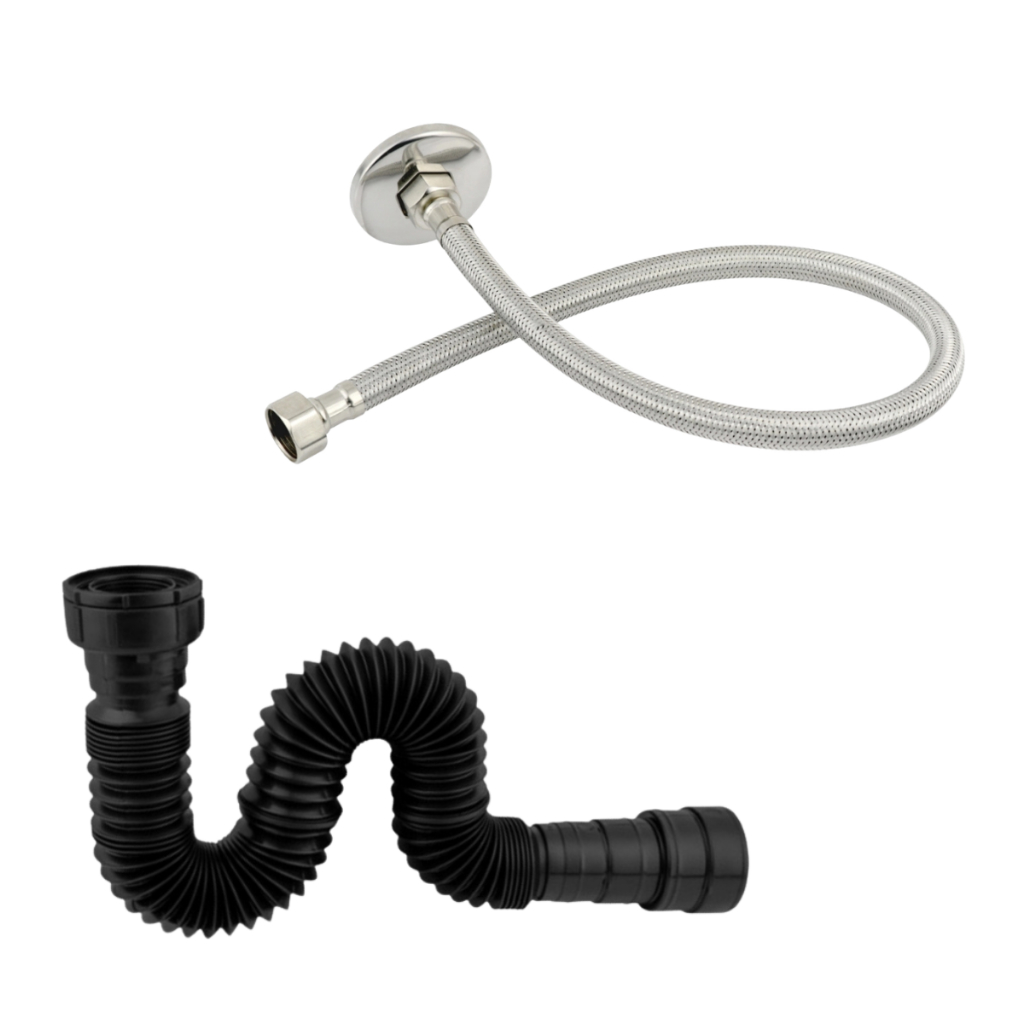 Sifão Pia Tanque Universal Preto 70cm + Engate Rabicho Flexível Cromado 40cm com Canopla