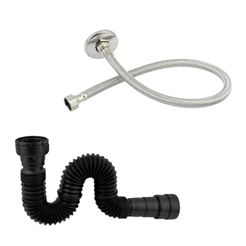 Sifão Pia Tanque Universal Preto 70cm + Engate Rabicho Flexível Cromado 40cm com Canopla