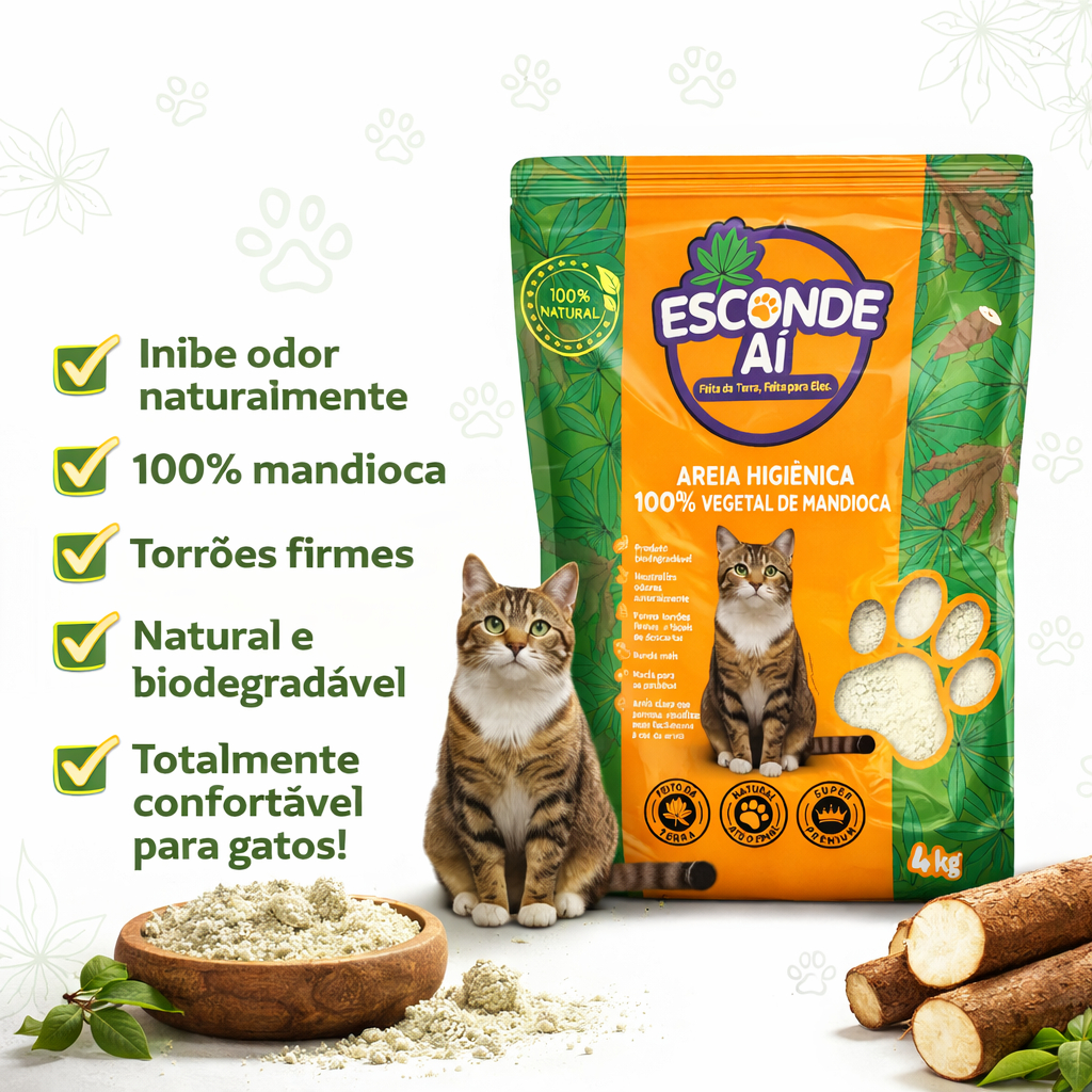 AREIA P/ GATO ESCONDE AI BIODEGRADAVEL MANDIOCA NATURAL 4KG
