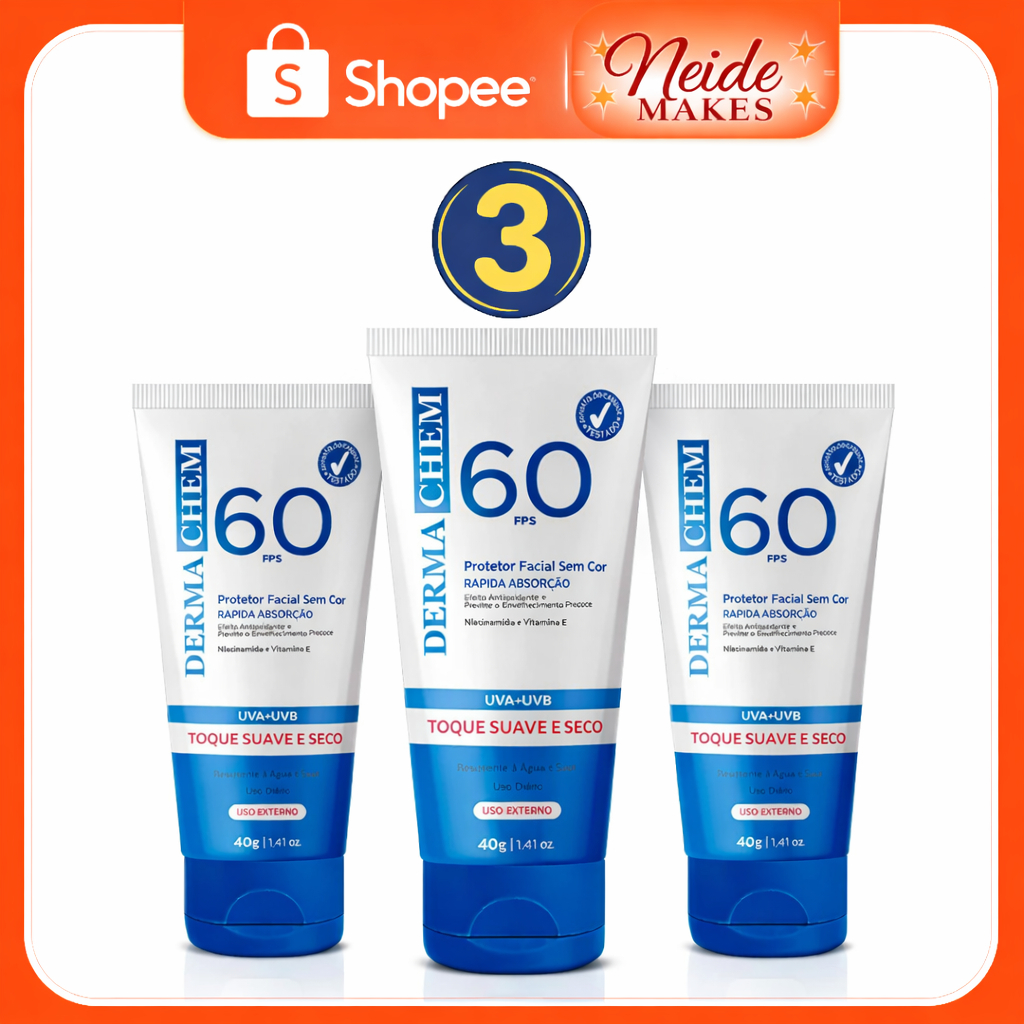 Kit 3 Protetor Solar Rosto FPS 60 Dermachem Validade 2028 Sem Cor Toque Seco 40g em Oferta na Shopee