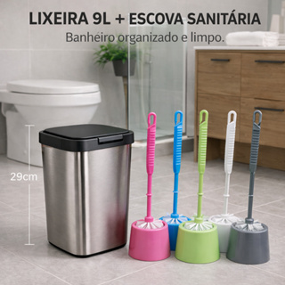 Lixeira 9L Metalizada Prata - Vermelho  com Tampa + Escova Sanitária Banheiro Moderna Lavável em Oferta na Shopee