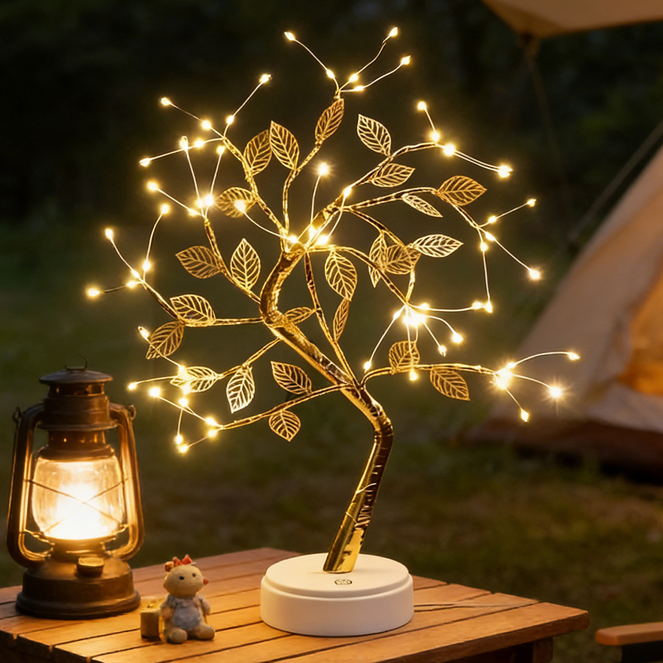 Luminaria Arvore LED Folhas Dourada para Casa Decoração do Quarto Iluminação de Mesa de Cabeceira