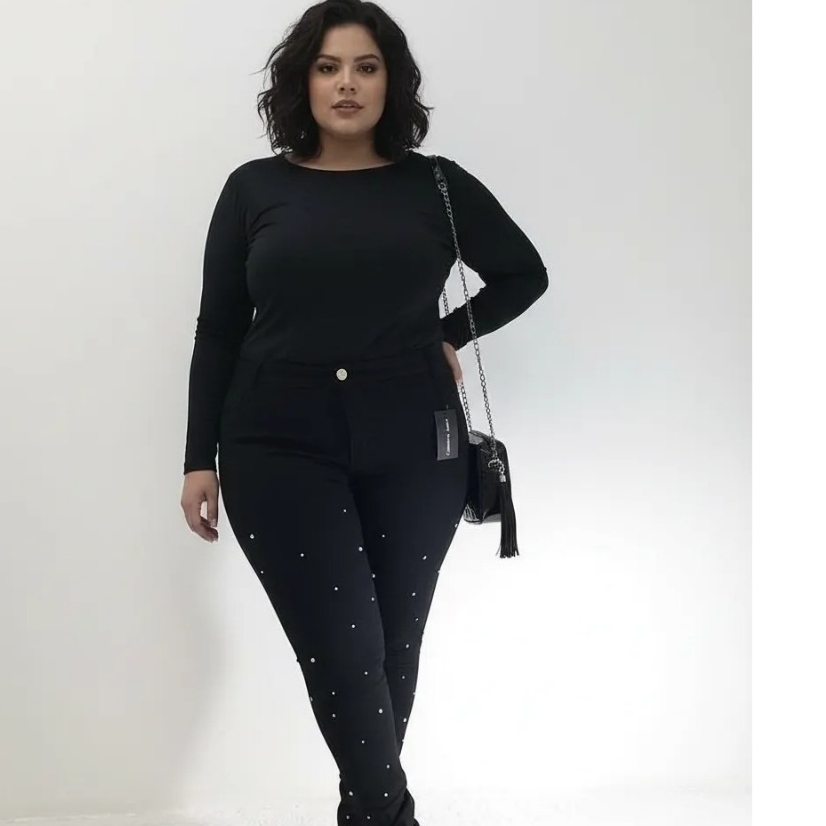 Calça Jeans Perolada Plus Size Jeans Plus Calça Balada