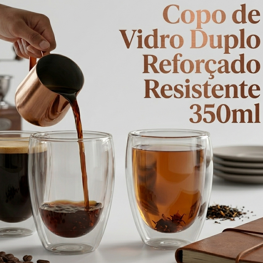 Kit Copo de Vidro Duplo Parede Dupla Reforçado Resistente 350ml Café Expresso Ch