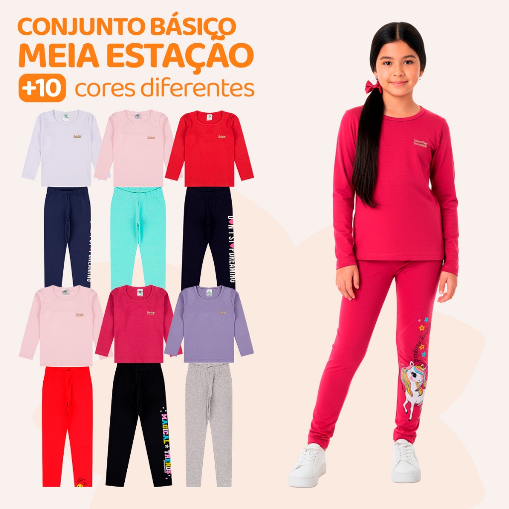 Kit 4 ou 10 Peças Conjunto Blusa Manga longa e Legging Menina Infantil Algodão Roupa Infantil Bebe Meia Estação para Frio