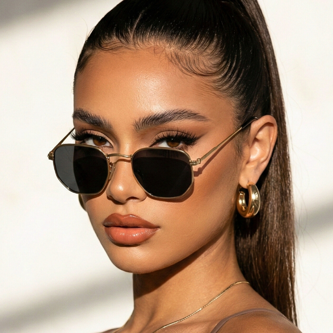 Oculos de Sol Hexagonal Classico Dourado e Preto Premium Fino Elegante Retro uv4