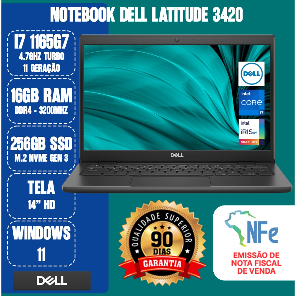 NOTEBOOK DELL LATITUDE 3420 TURBINADO - I7 1165 G7 / 16GB RAM / 256GB SSD NVME / 14" / W11