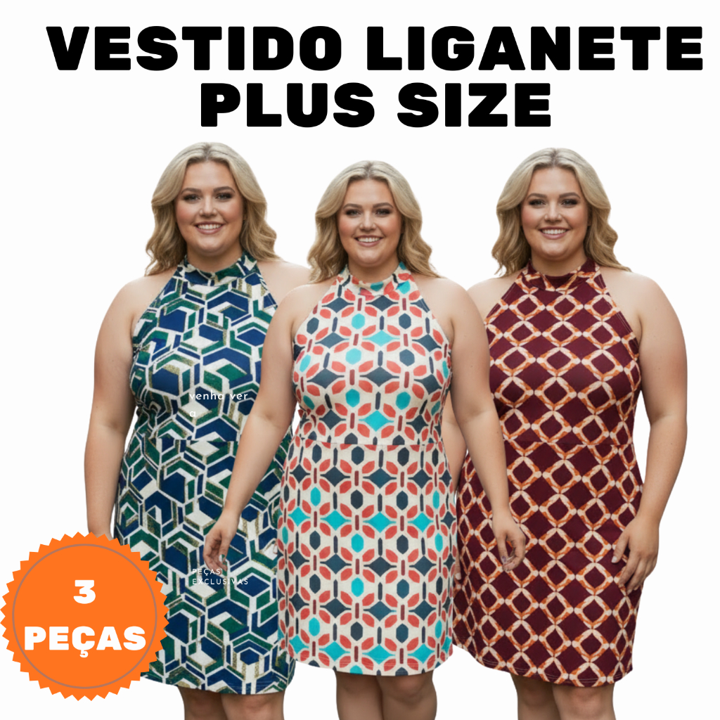 Kit 3 Vestidos Liganete Plus Size G1 E G2 Estampado Cores E Estampas Variadas Feminino Confortável E Moderno